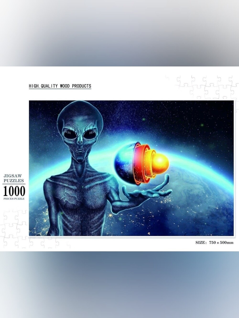 Alien humonoid Holds a Hologram of The Globe UFO - 1000 Pc Jigsaw Puzzle Adults.